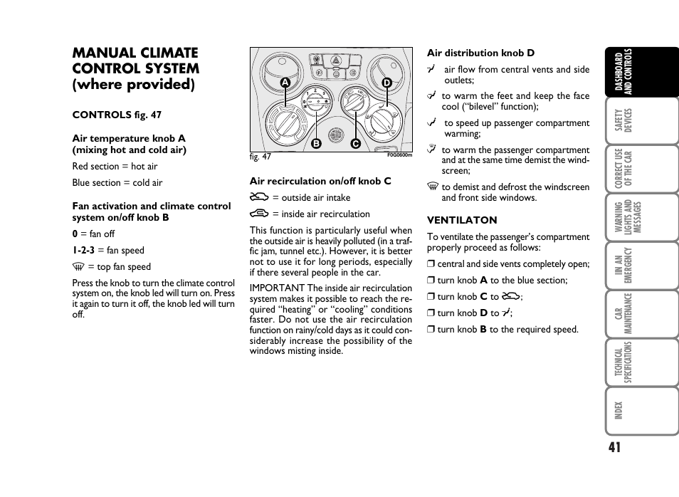 Manual climate control system (where provided) | FIAT Panda Classic User Manual | Page 43 / 207