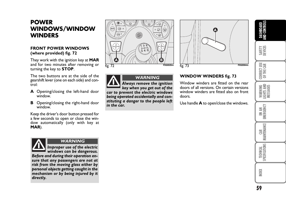 Power windows/window winders | FIAT Panda Classic User Manual | Page 61 / 207