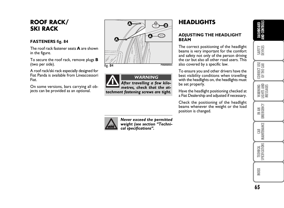 Headlights, Roof rack/ ski rack | FIAT Panda Classic User Manual | Page 67 / 207