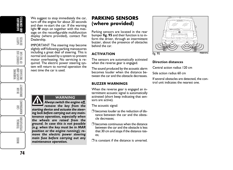 Parking sensors (where provided) | FIAT Panda Classic User Manual | Page 76 / 207