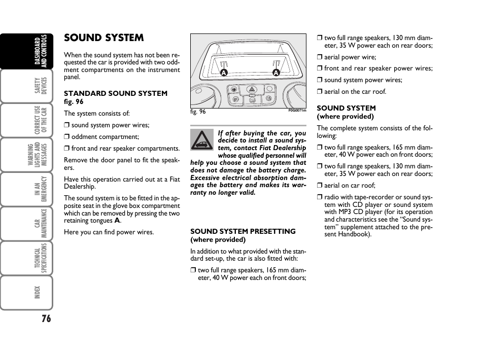 Sound system | FIAT Panda Classic User Manual | Page 78 / 207