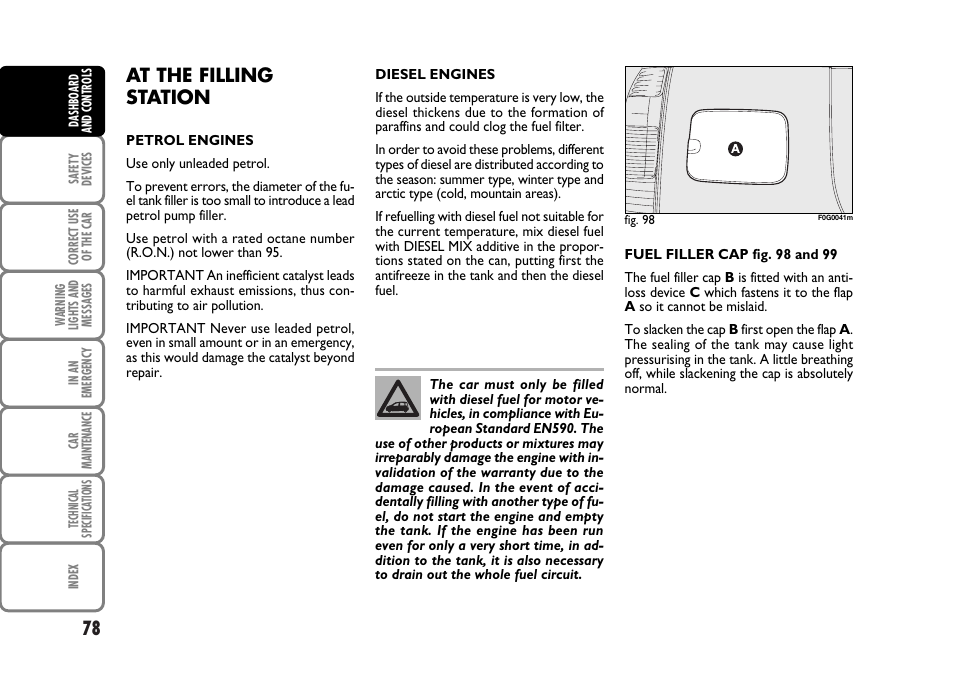 At the filling station | FIAT Panda Classic User Manual | Page 80 / 207