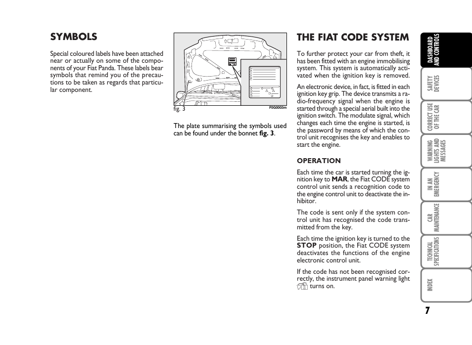 The fiat code system, Symbols | FIAT Panda Classic User Manual | Page 9 / 207