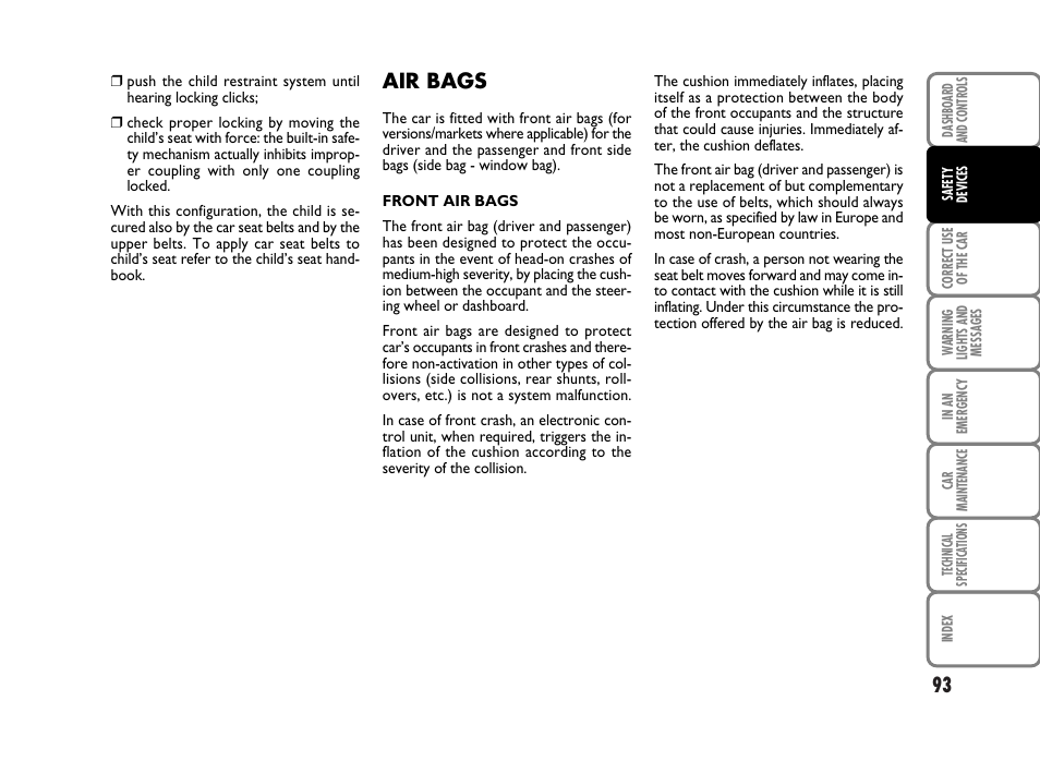 Air bags | FIAT Panda Classic User Manual | Page 95 / 207