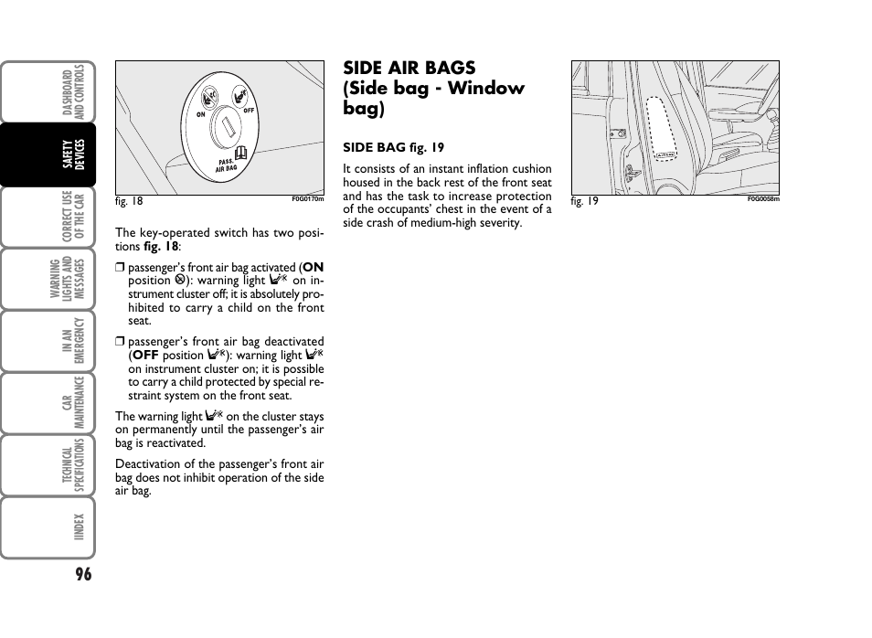 Side air bags (side bag - window bag) | FIAT Panda Classic User Manual | Page 98 / 207