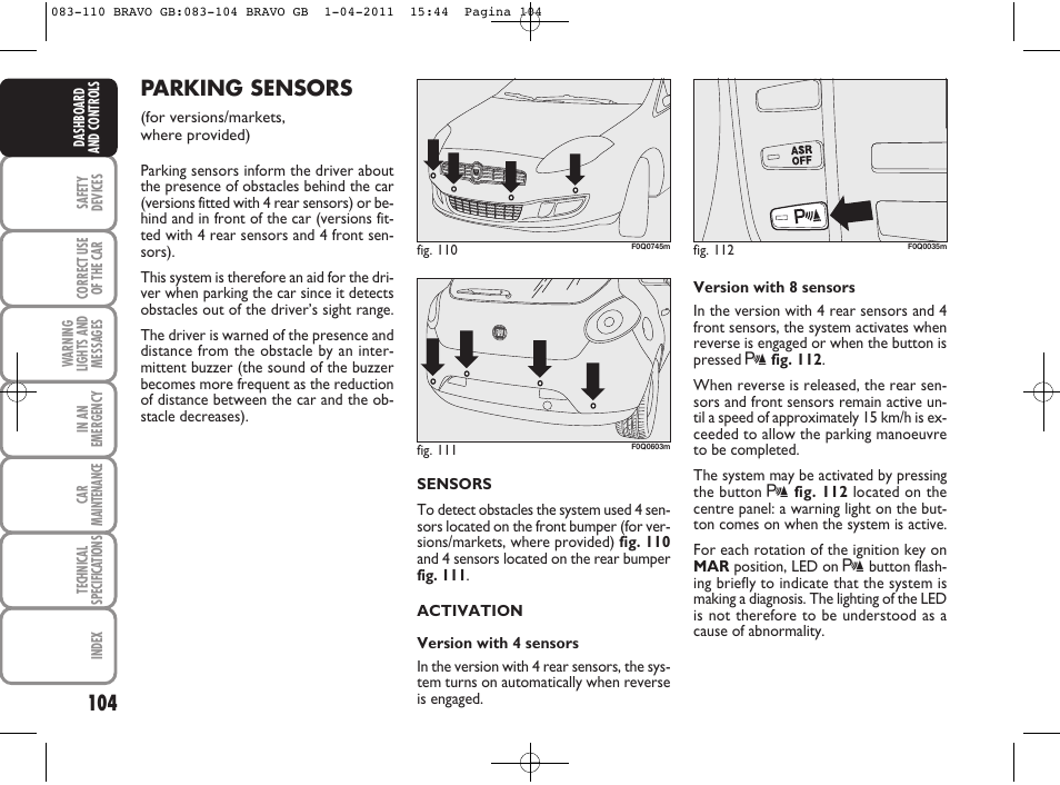 Parking sensors | FIAT Bravo User Manual | Page 106 / 263