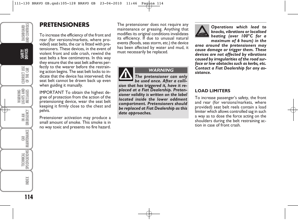 Pretensioners | FIAT Bravo User Manual | Page 116 / 263