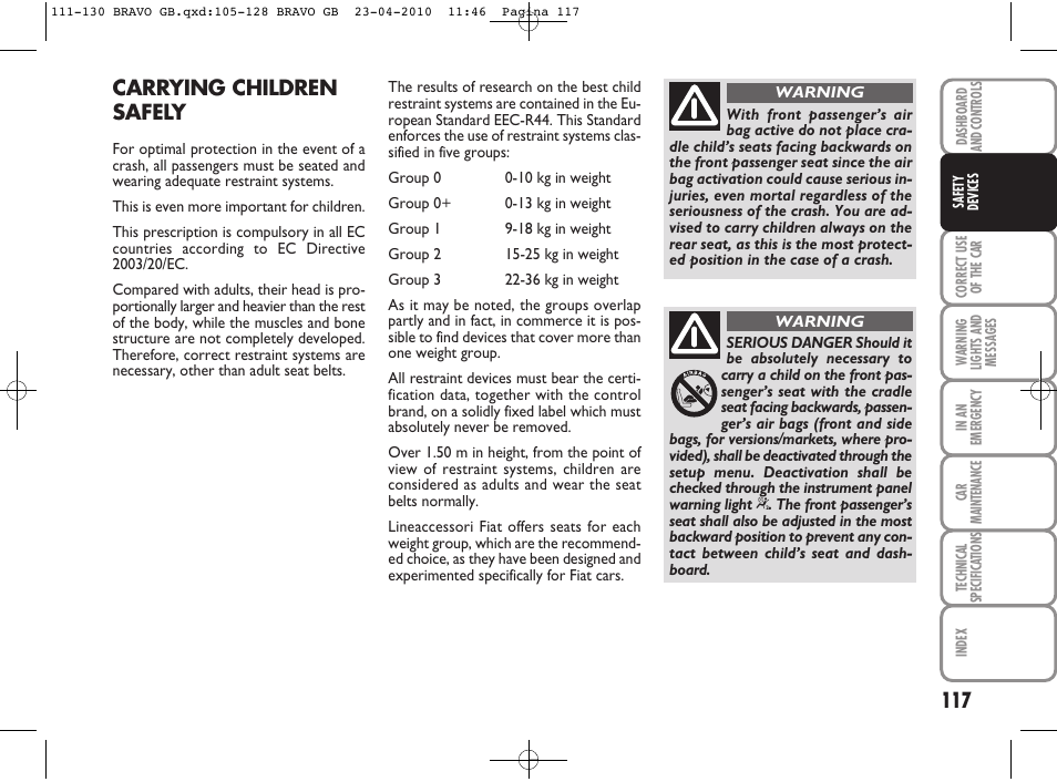 Carrying children safely | FIAT Bravo User Manual | Page 119 / 263