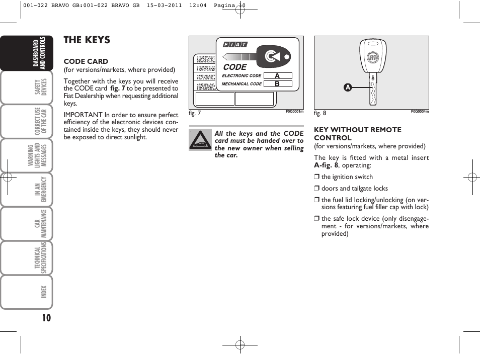 The keys | FIAT Bravo User Manual | Page 12 / 263
