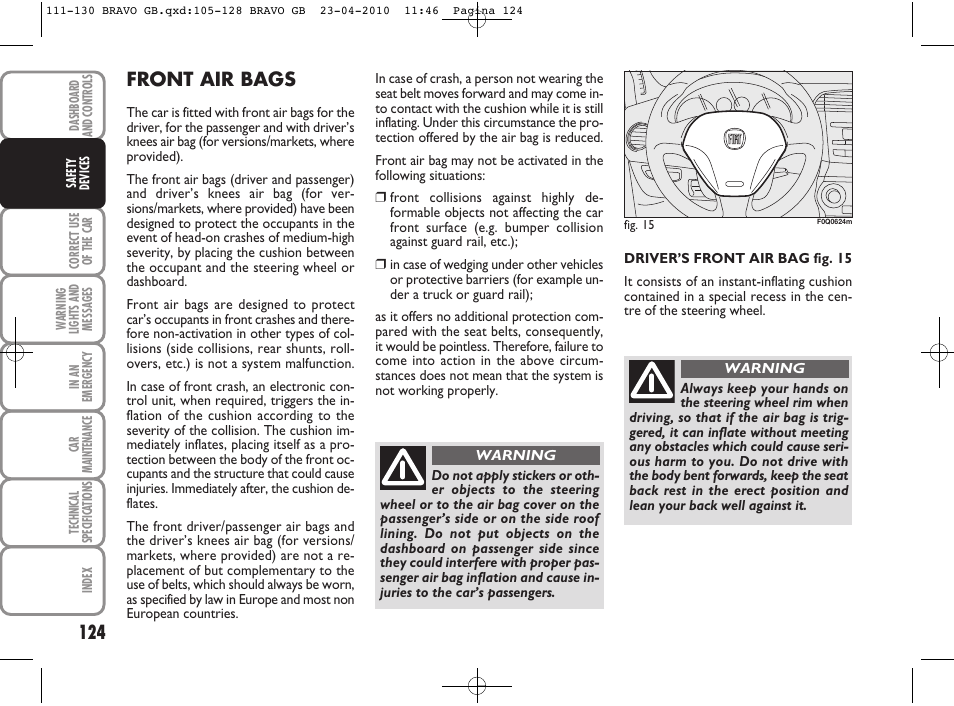 Front air bags | FIAT Bravo User Manual | Page 126 / 263