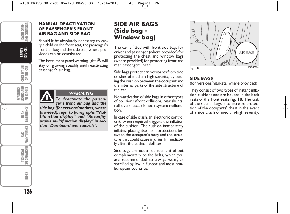 Side air bags (side bag - window bag) | FIAT Bravo User Manual | Page 128 / 263