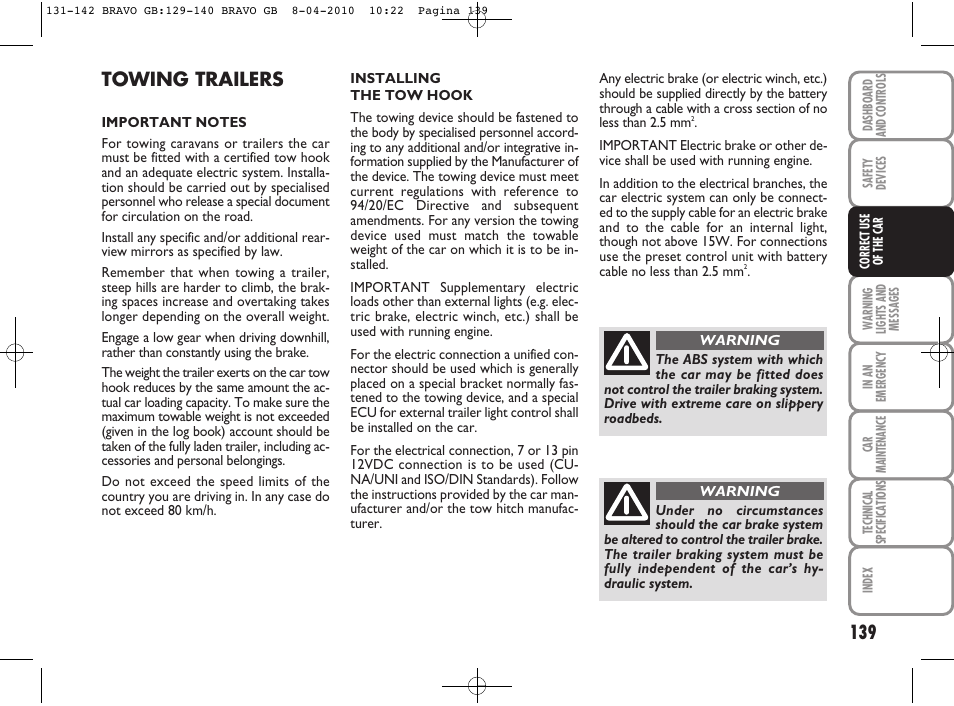 Towing trailers | FIAT Bravo User Manual | Page 141 / 263