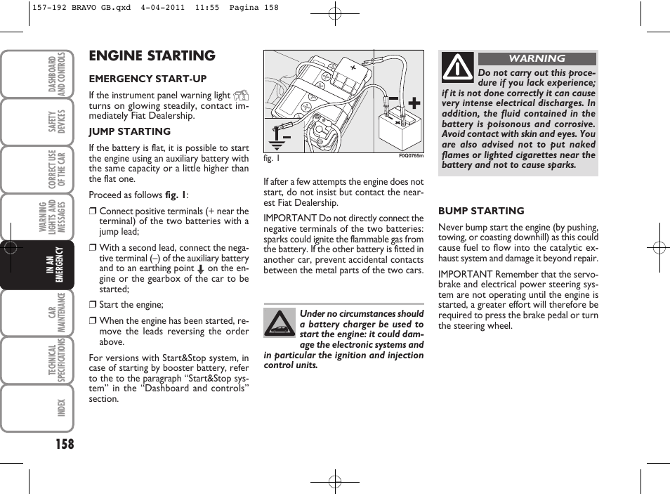 Engine starting | FIAT Bravo User Manual | Page 160 / 263