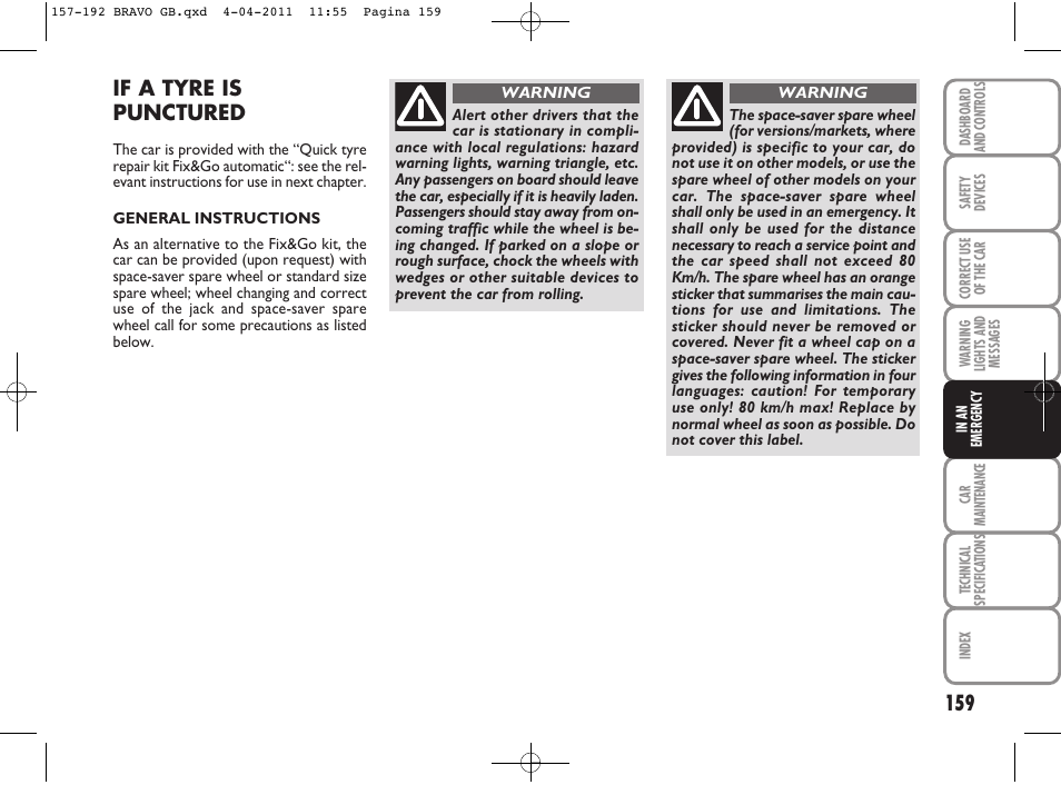 If a tyre is punctured | FIAT Bravo User Manual | Page 161 / 263