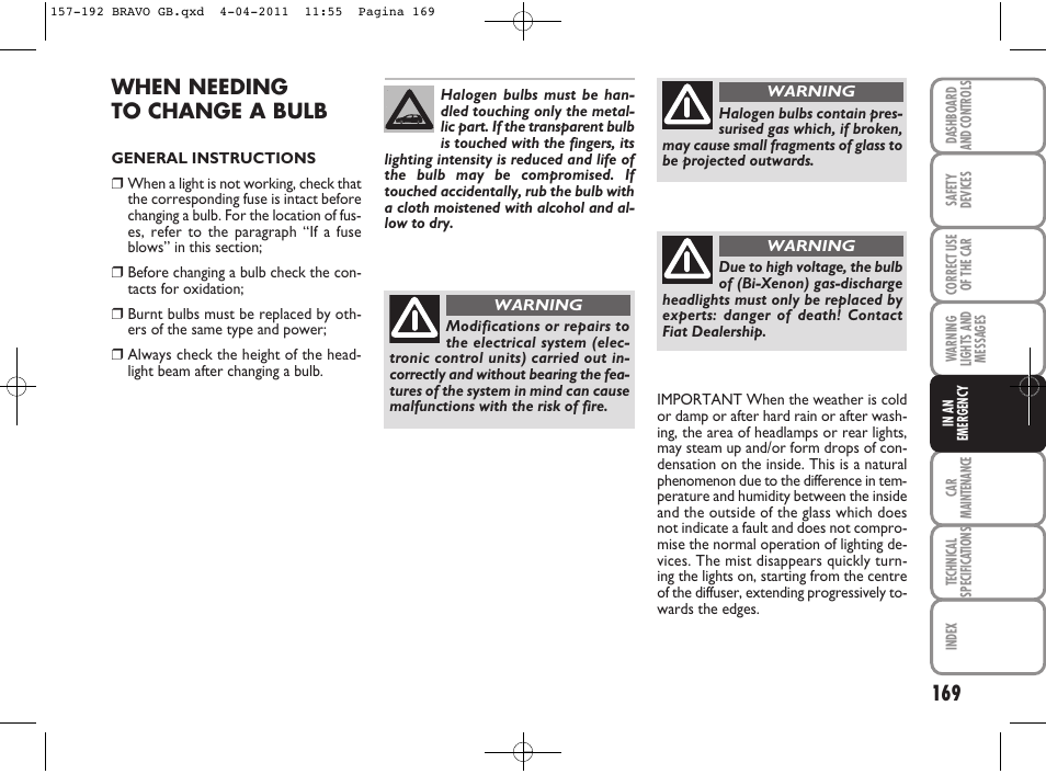 When needing to change a bulb | FIAT Bravo User Manual | Page 171 / 263