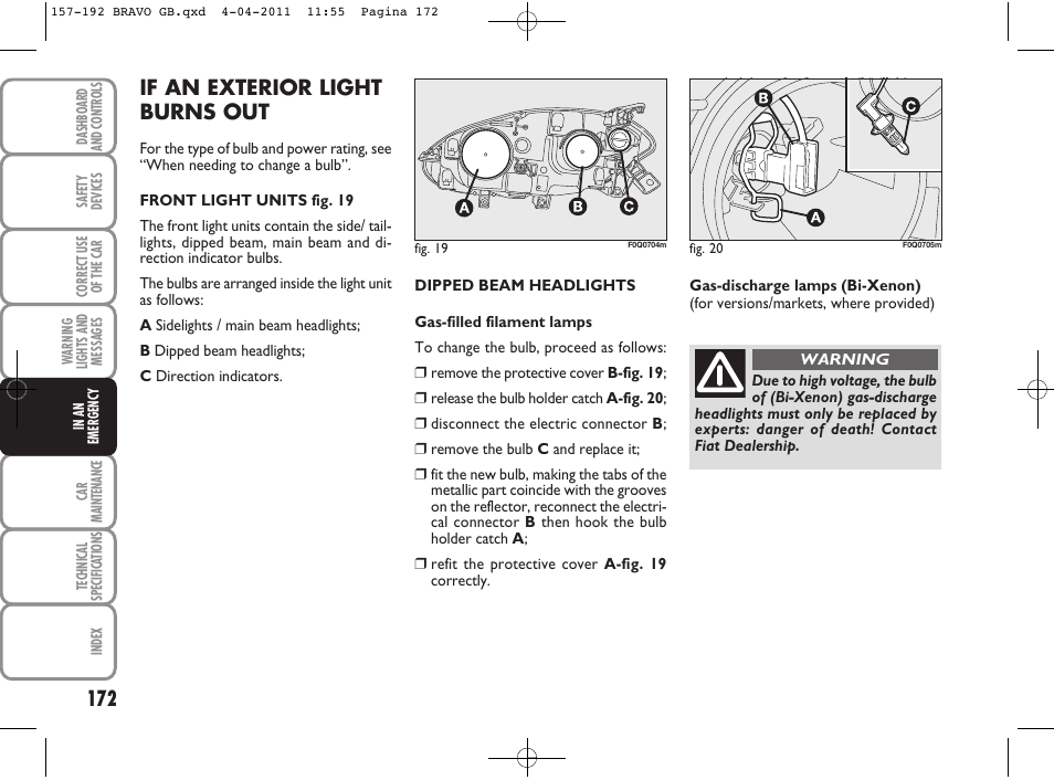 If an exterior light burns out | FIAT Bravo User Manual | Page 174 / 263