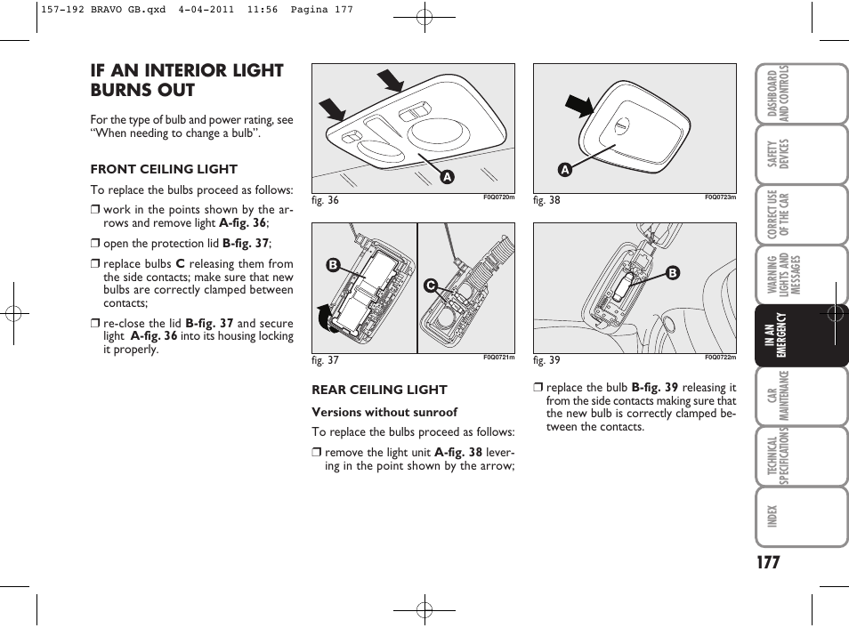 If an interior light burns out | FIAT Bravo User Manual | Page 179 / 263