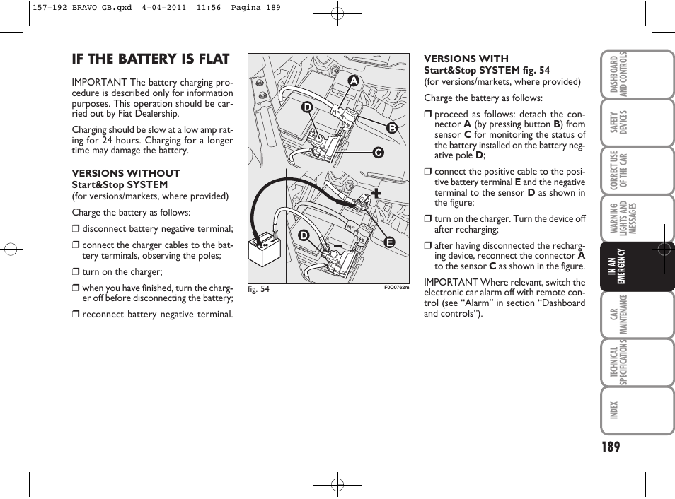If the battery is flat | FIAT Bravo User Manual | Page 191 / 263
