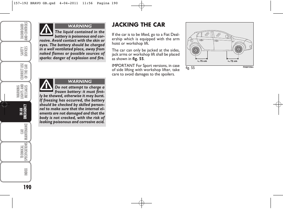 Jacking the car | FIAT Bravo User Manual | Page 192 / 263