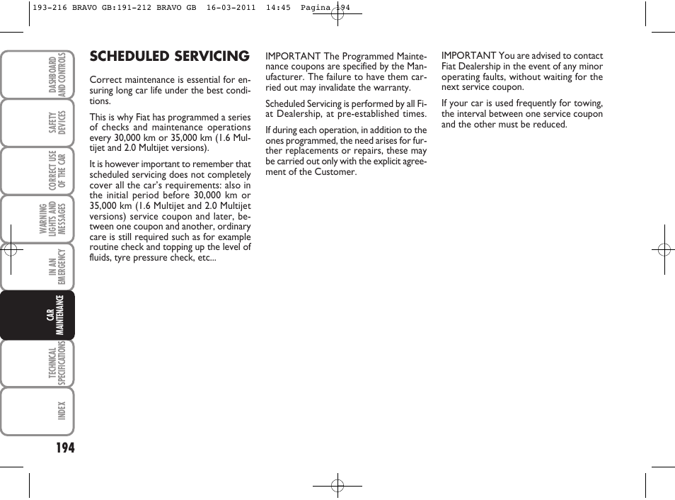 Scheduled servicing | FIAT Bravo User Manual | Page 196 / 263