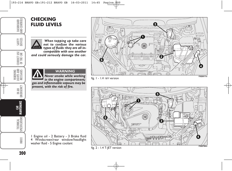 Checking fluid levels | FIAT Bravo User Manual | Page 202 / 263