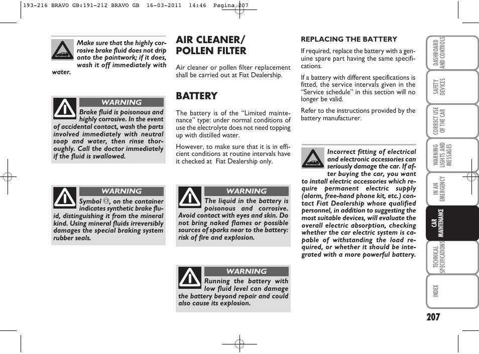 Air cleaner/ pollen filter, Battery | FIAT Bravo User Manual | Page 209 / 263