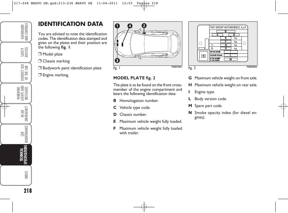 Identification data | FIAT Bravo User Manual | Page 220 / 263