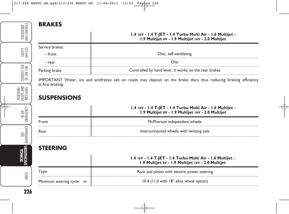 Brakes, Suspensions, Steering | FIAT Bravo User Manual | Page 228 / 263