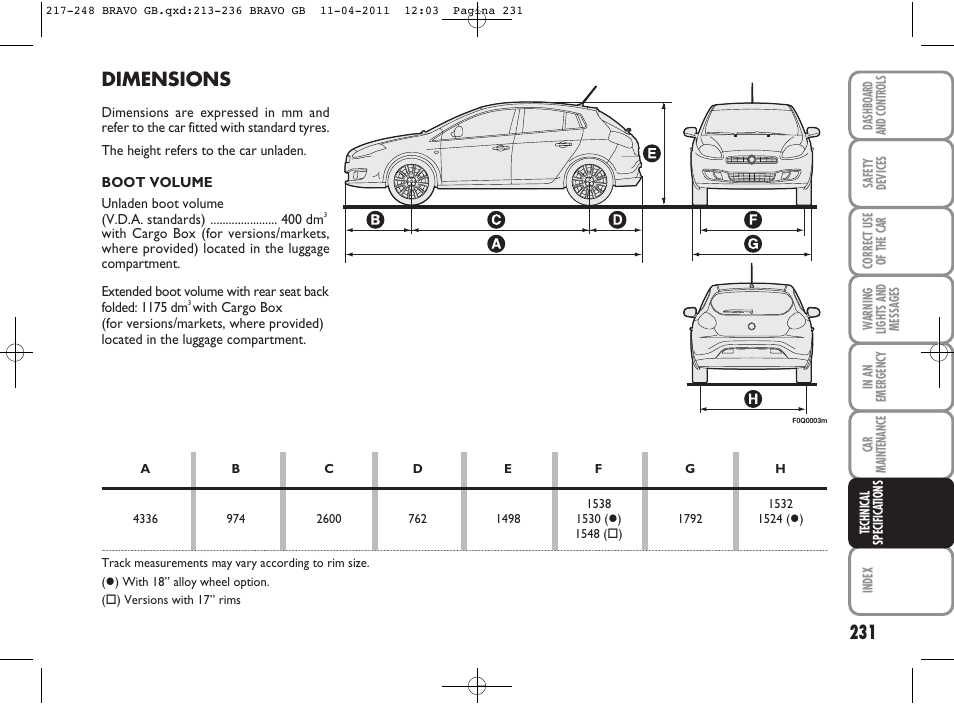 Dimensions | FIAT Bravo User Manual | Page 233 / 263