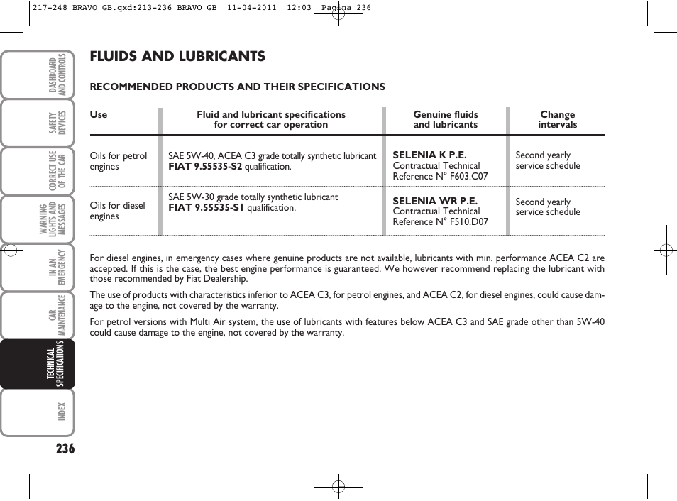 Fluids and lubricants | FIAT Bravo User Manual | Page 238 / 263