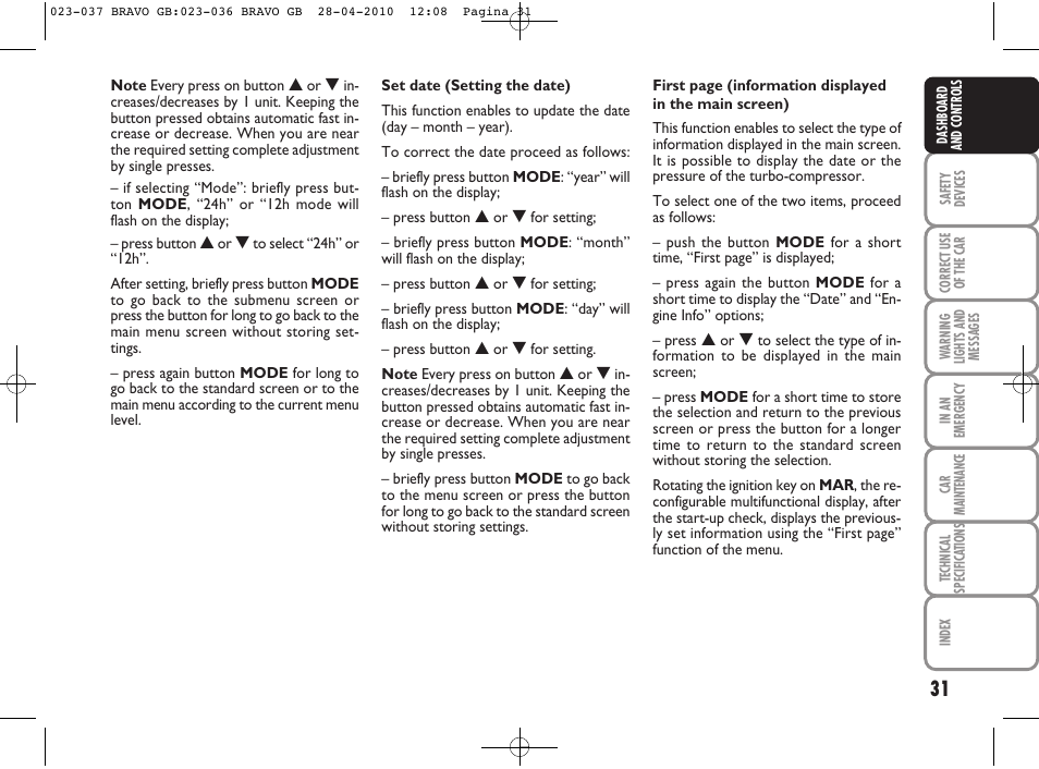 FIAT Bravo User Manual | Page 33 / 263