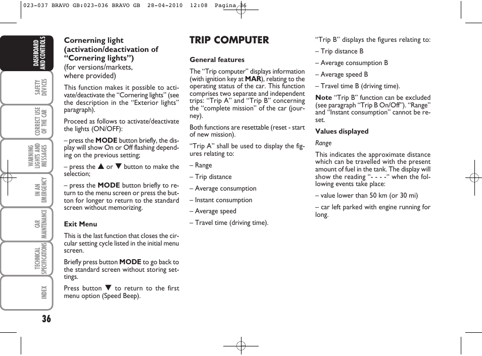 Trip computer | FIAT Bravo User Manual | Page 38 / 263