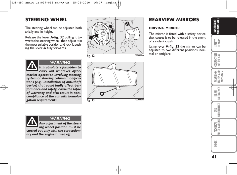 Steering wheel, Rearview mirrors | FIAT Bravo User Manual | Page 43 / 263