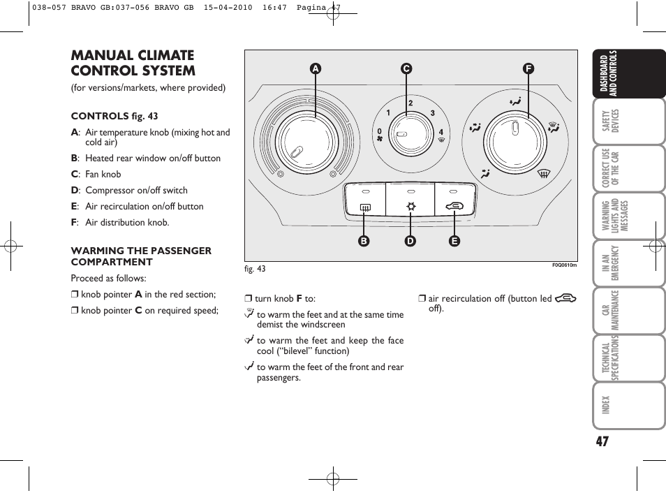 Manual climate control system | FIAT Bravo User Manual | Page 49 / 263