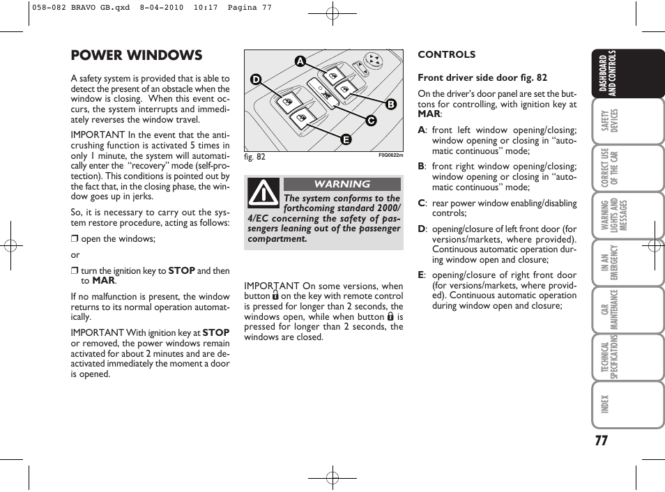 Power windows | FIAT Bravo User Manual | Page 79 / 263