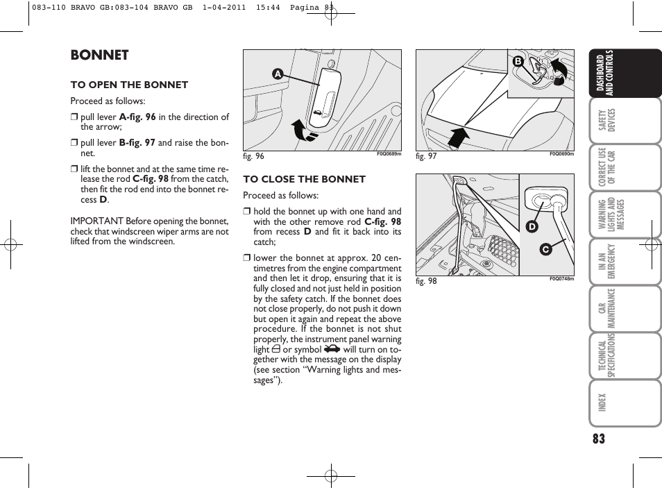 110_bravo_gb, Bonnet | FIAT Bravo User Manual | Page 85 / 263