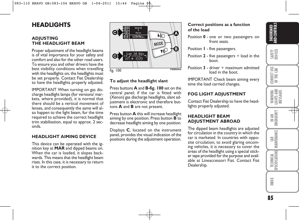 Headlights | FIAT Bravo User Manual | Page 87 / 263