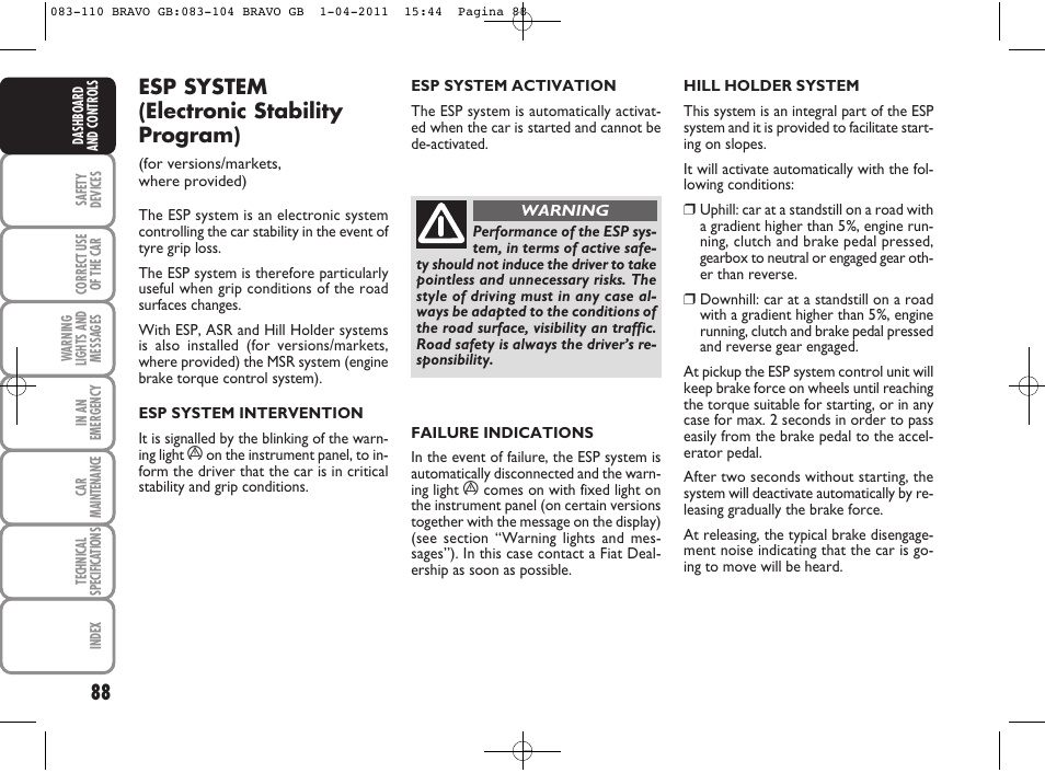 Esp system (electronic stability program) | FIAT Bravo User Manual | Page 90 / 263