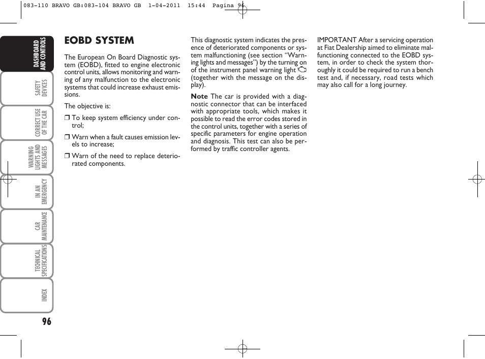 Eobd system | FIAT Bravo User Manual | Page 98 / 263