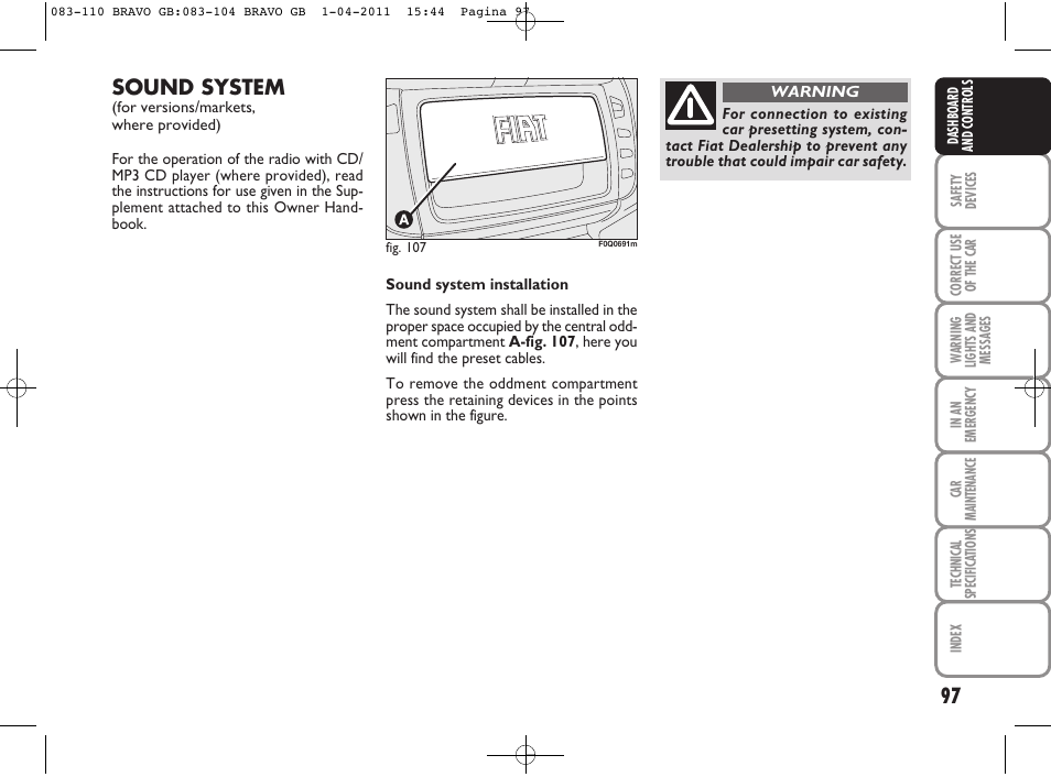 Sound system | FIAT Bravo User Manual | Page 99 / 263