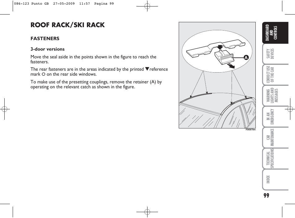 Roof rack/ski rack | FIAT Punto User Manual | Page 100 / 282