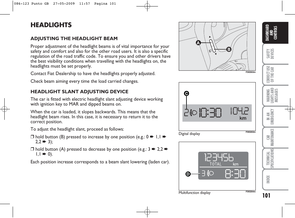 Headlights | FIAT Punto User Manual | Page 102 / 282