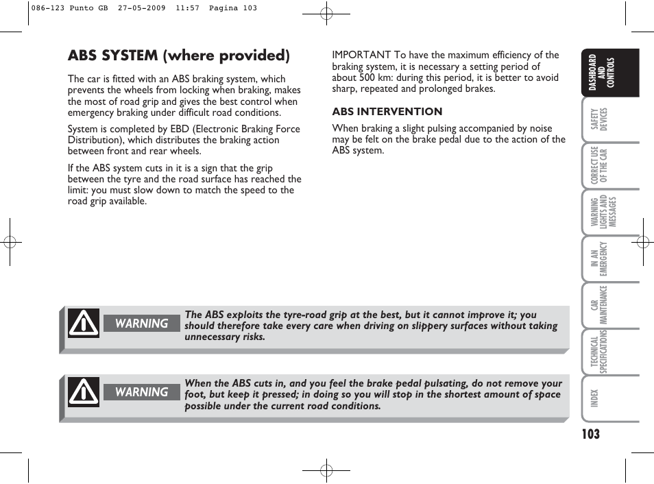 Abs system (where provided), Warning | FIAT Punto User Manual | Page 104 / 282