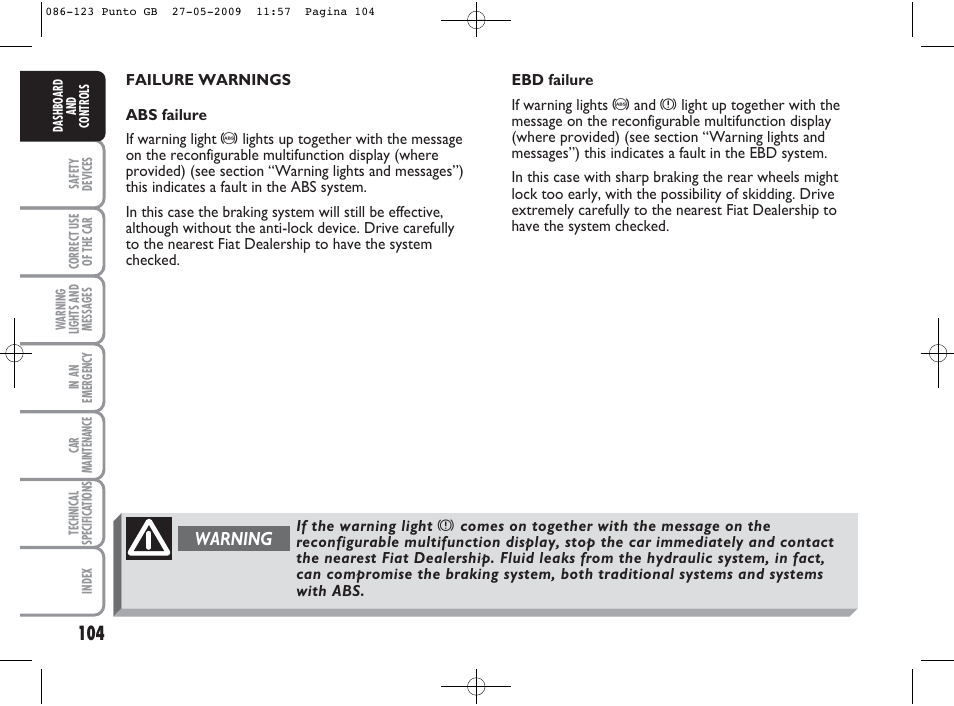 Warning | FIAT Punto User Manual | Page 105 / 282