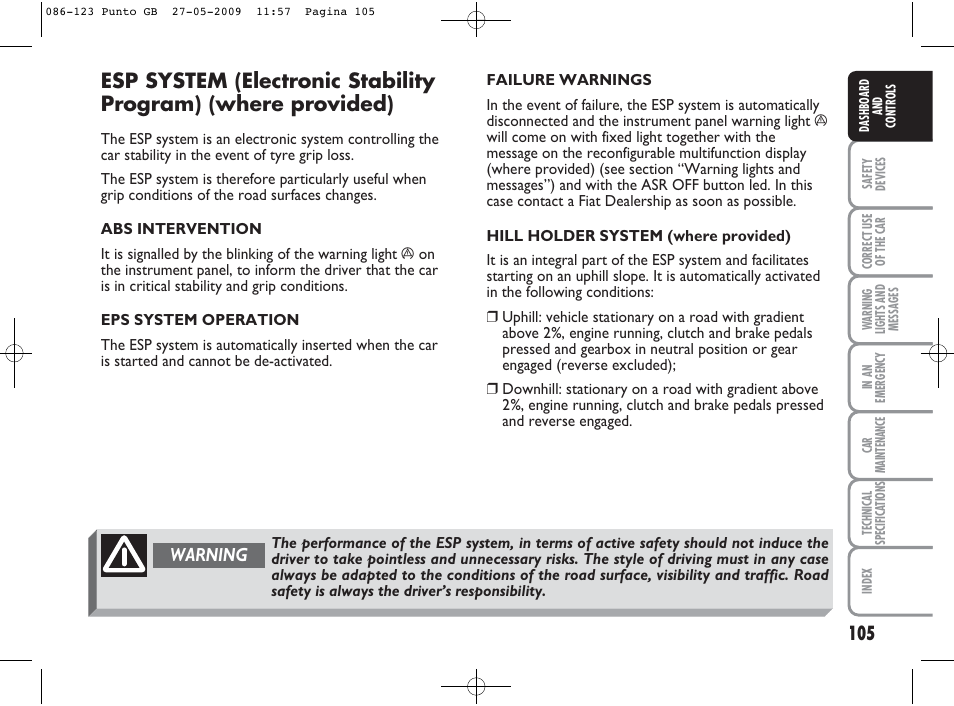 Warning | FIAT Punto User Manual | Page 106 / 282