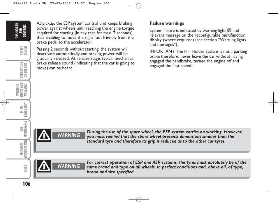 Warning | FIAT Punto User Manual | Page 107 / 282