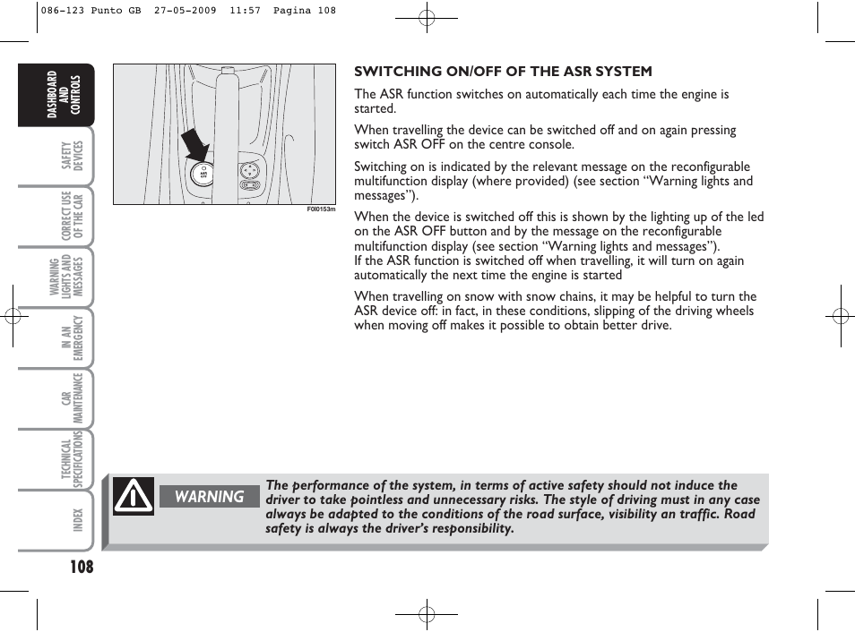 Warning | FIAT Punto User Manual | Page 109 / 282