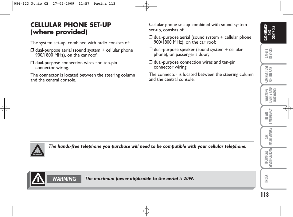 Cellular phone set-up (where provided), Warning | FIAT Punto User Manual | Page 114 / 282