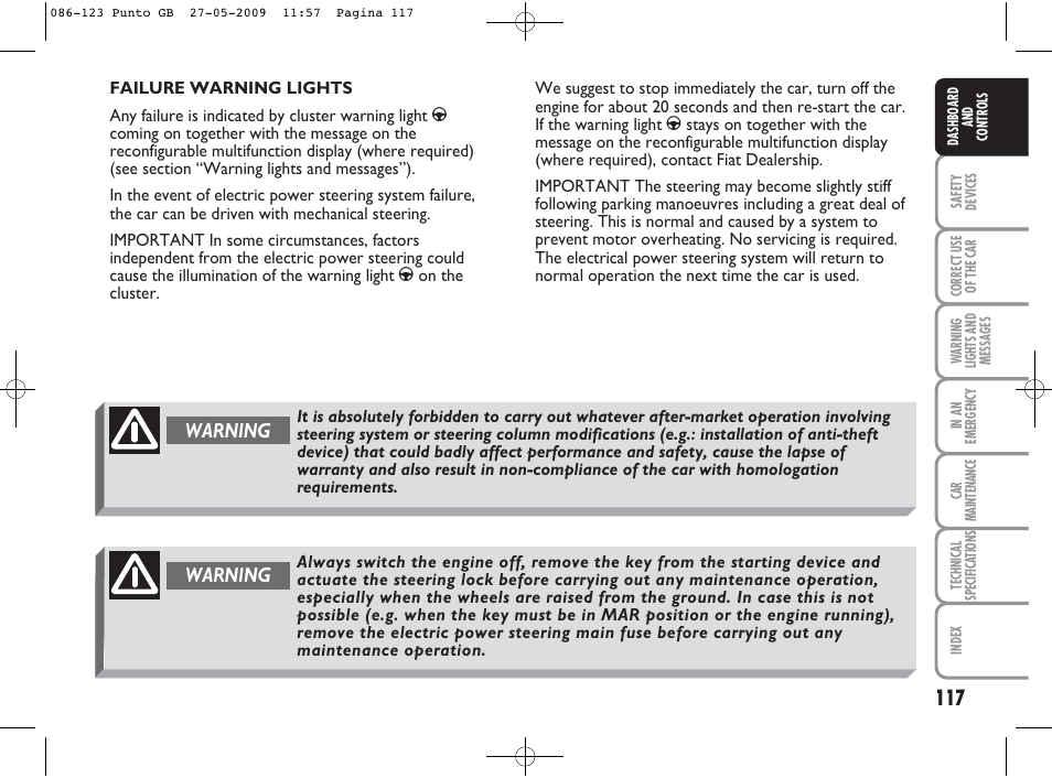 Warning | FIAT Punto User Manual | Page 118 / 282