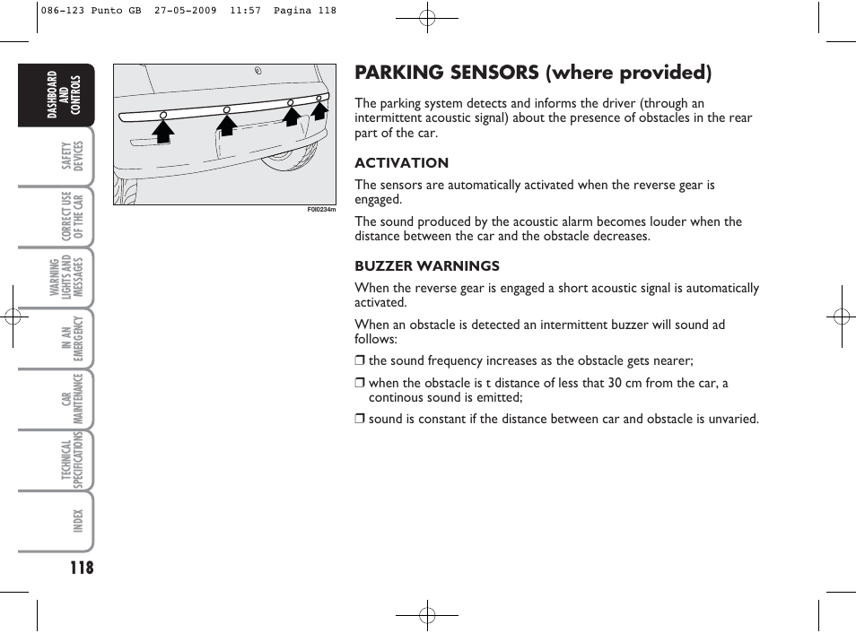 Parking sensors (where provided) | FIAT Punto User Manual | Page 119 / 282